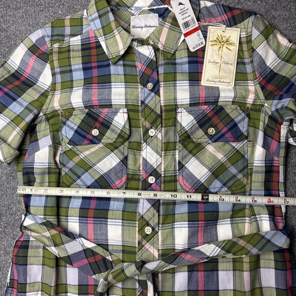NWT Tommy Bahama Maui Madras Midi Shirt Dress Green Blue Red Plaid XS - Picture 7 of 8